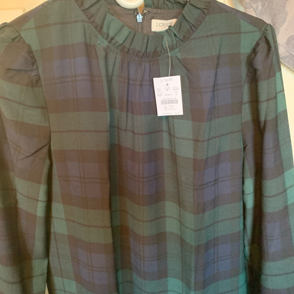 J. Crew Green and Navy Plaid Long Sleeve Dress